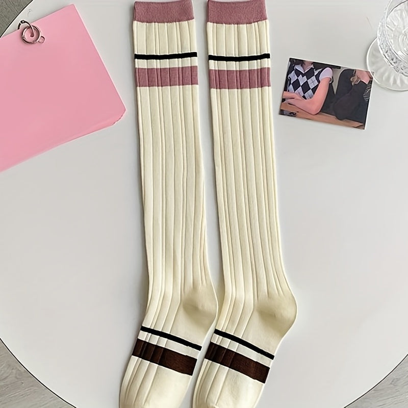 3 Pairs Colorblock Striped Calf Socks College Style Knee High Socks Women's