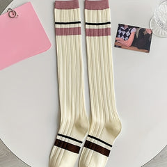 3 Pairs Colorblock Striped Calf Socks College Style Knee High Socks Women's