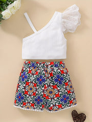 Toddler Baby Girls Lace Crop Top & Geo Graphic Shorts Set