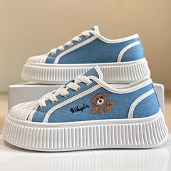 Women's Bear Pattern Platform Canvas Sneakers Soft Sole Skate Shoes
