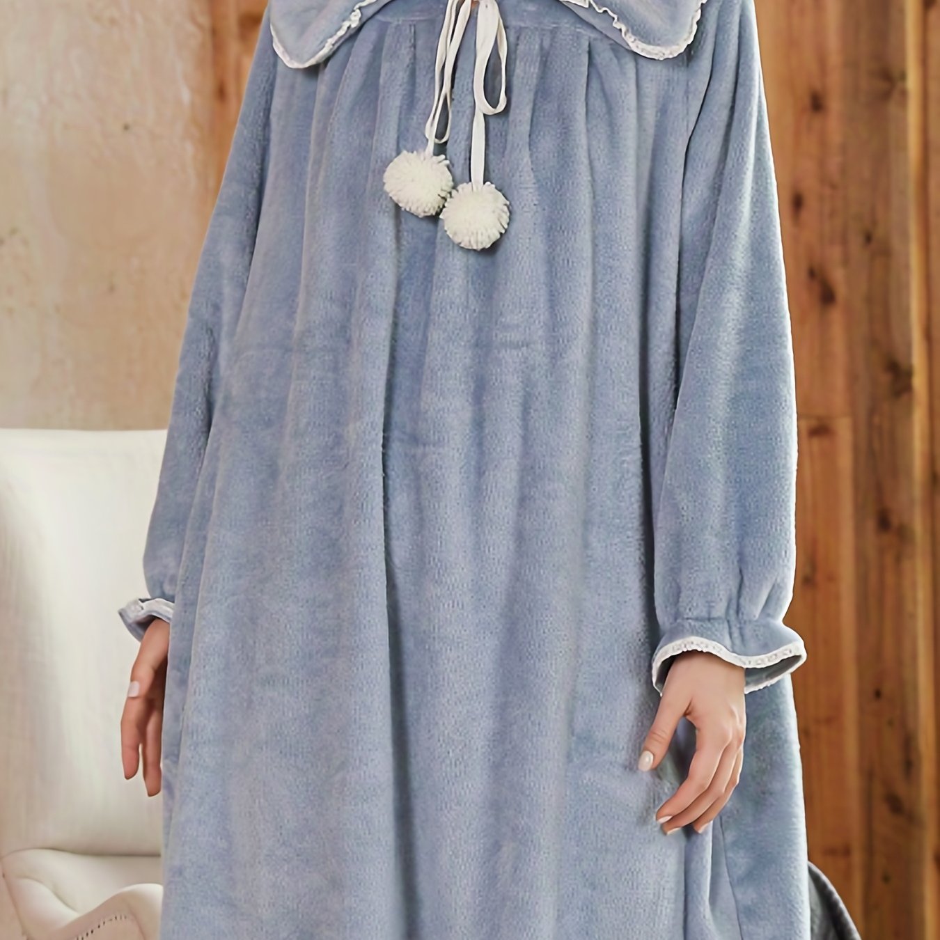 Ruffle Plush Nightdress Court Style Long Sleeve Pompom Decor Pajama Dress