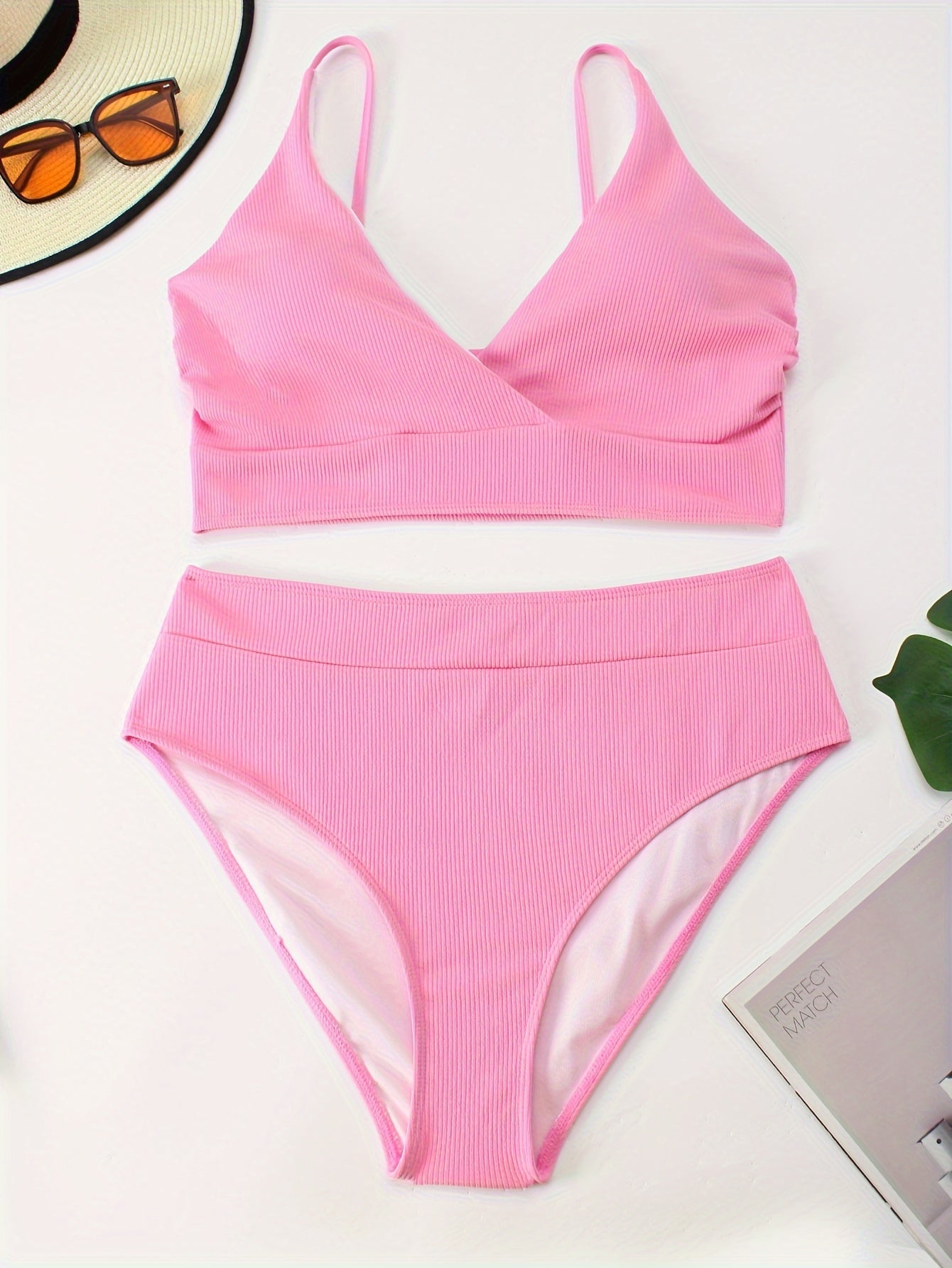 Bikini Set Wrap V Neck Ribbed Knit Bra & Panty Swimsuit 2 Piece Set