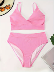 Bikini Set Wrap V Neck Ribbed Knit Bra & Panty Swimsuit 2 Piece Set