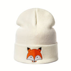 Cartoon Fox Embroidery Beanie Soft Elastic Knit Hat