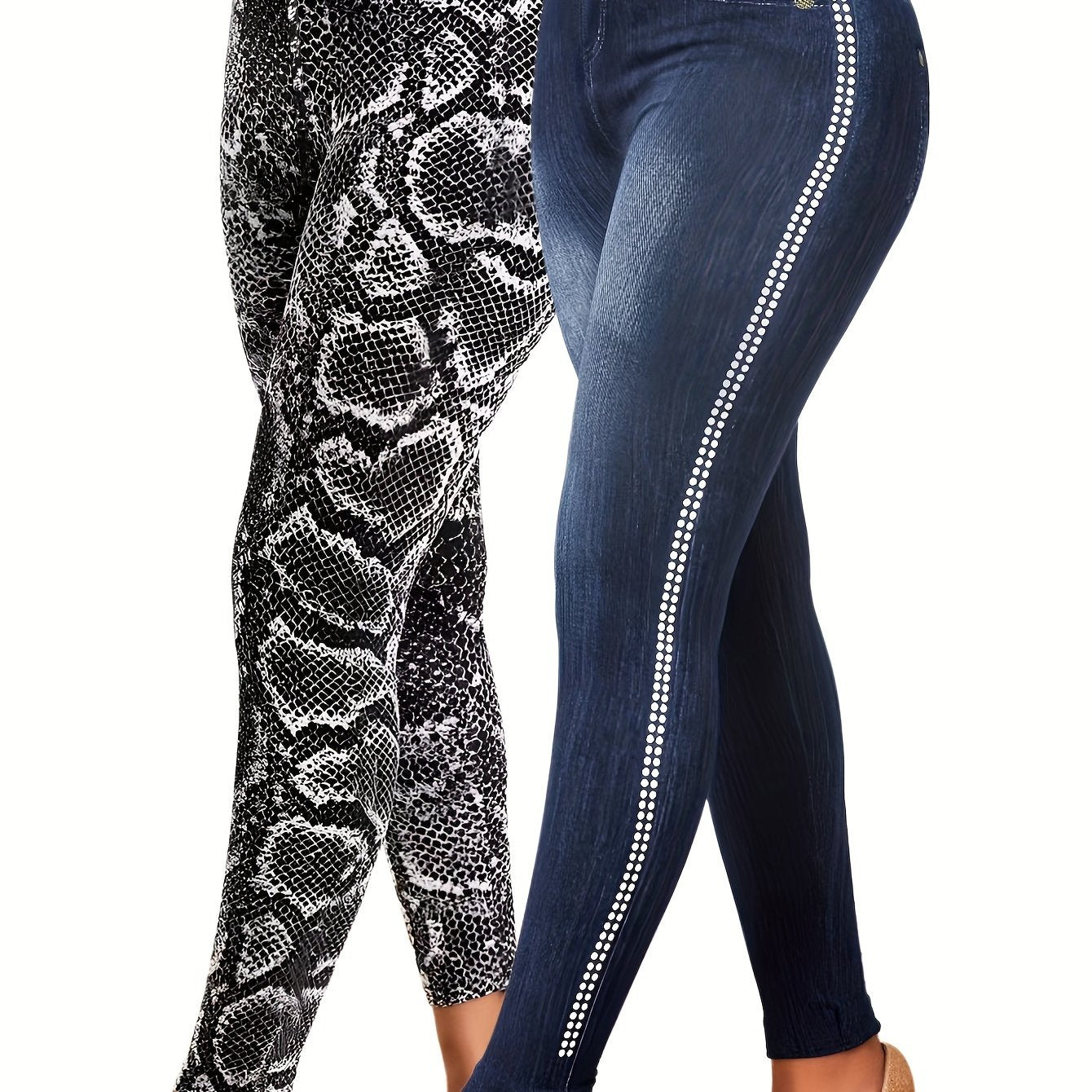 2pcs Snake & Denim Print Yoga Pants Women's Activewear