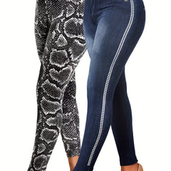2pcs Snake & Denim Print Yoga Pants Women's Activewear