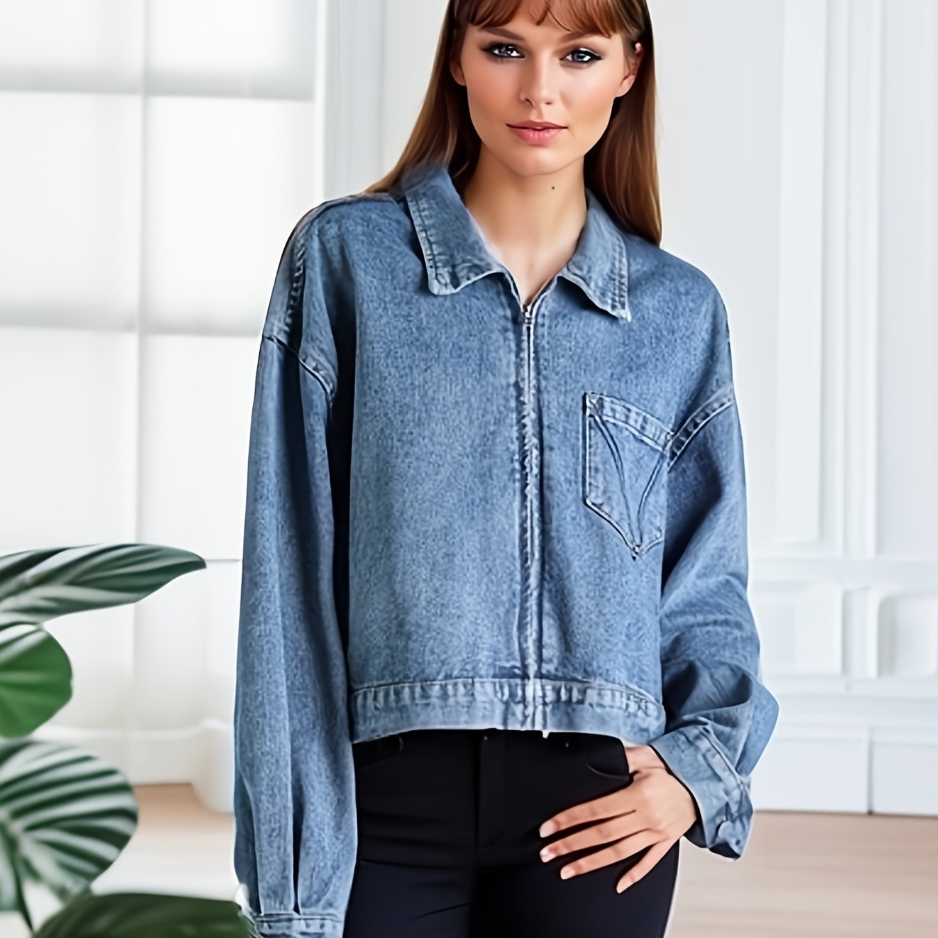 Long Sleeves Denim Jackets Zip Front Coats Women's Denim Clothing