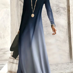 Ombre Long Sleeve Maxi Dress Round Neck High Stretch