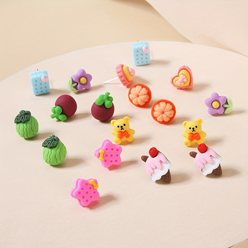 9 Pairs Small Fruit Animal Star Heart Flower Hypoallergenic Stud Earrings Set