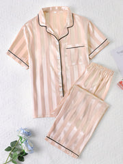 Striped Satin Lounge Set Short Sleeve Top & Pants Women's Loungewear