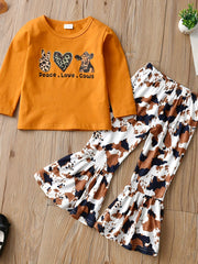 Girls Ruffle Shoulder Long Sleeve Top and Floral Print Flared Pants