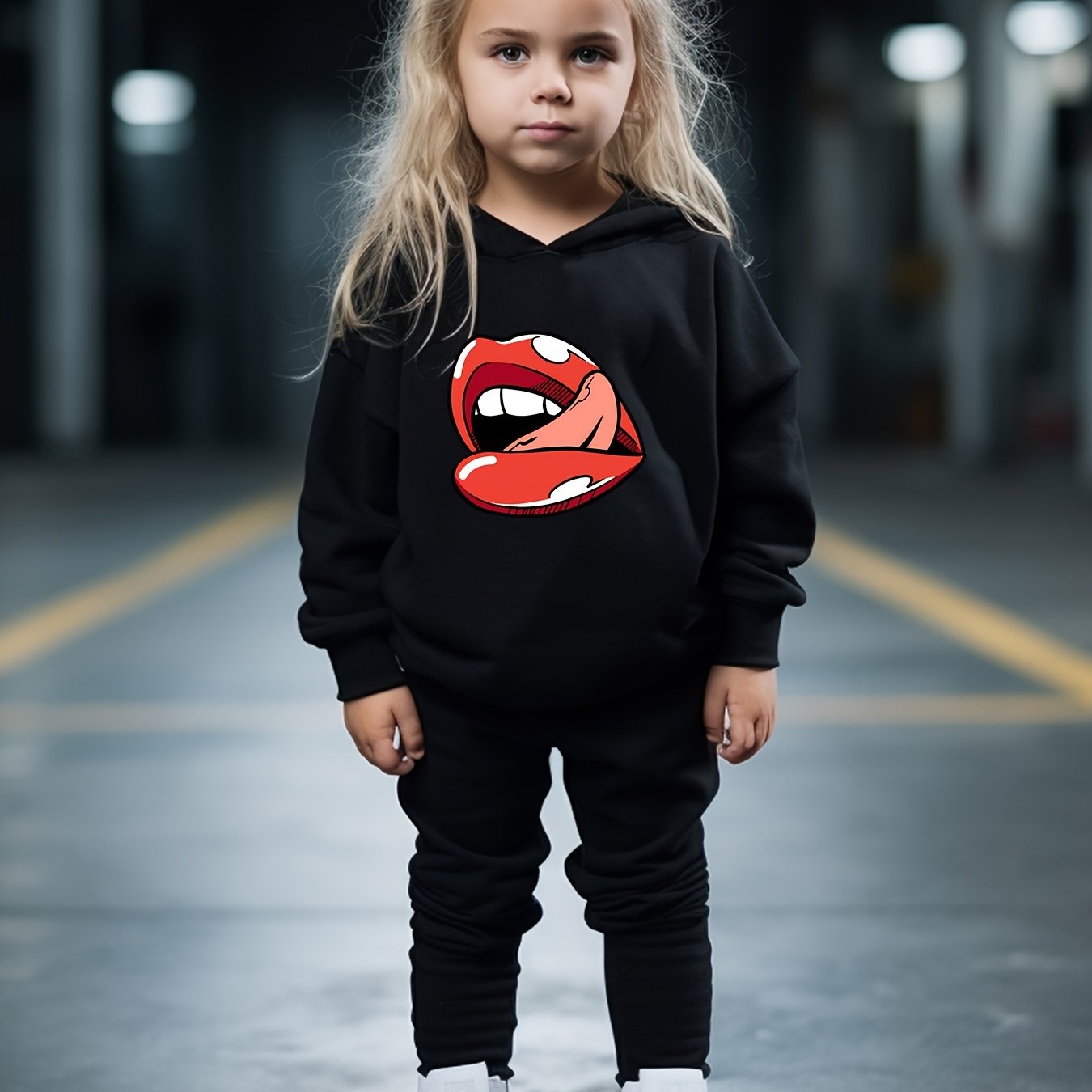 Girls Boys 2pcs Lips Print Hooded Pullover Pants Set Spring Fall
