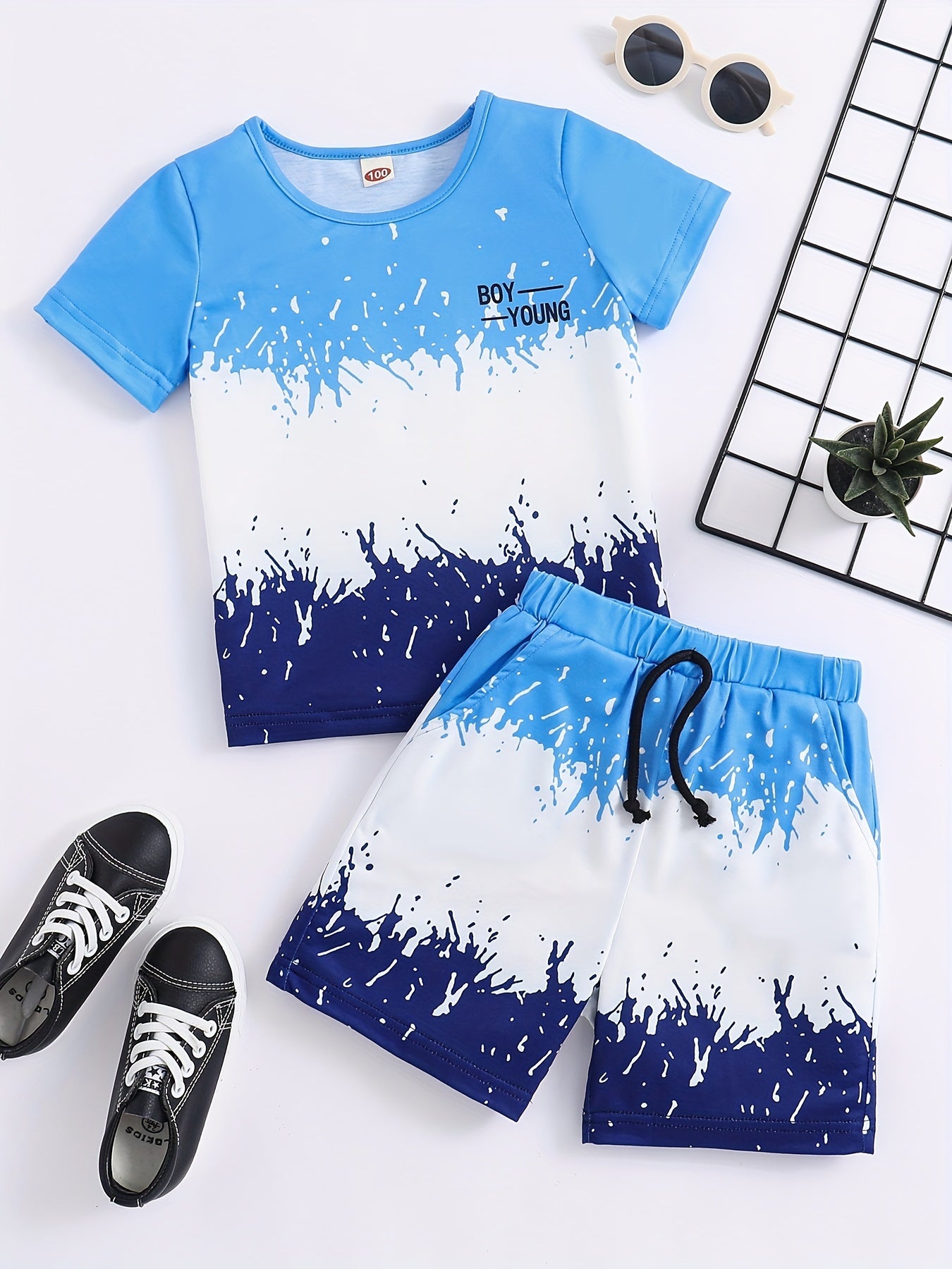 Boys Contrast T shirt & Shorts Set Summer Outfit