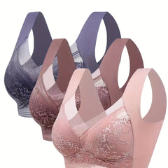 3pcs Contrast Lace Wireless Bras Full Coverage Comfy & Breathable