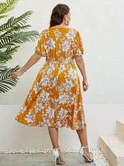 Floral Print V Neck Puff Sleeve Nipped Waist Plus Size Summer Dress