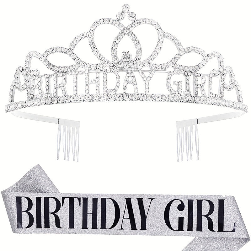 Girls Birthday Party Crown & Shoulder Strap Rhinestone Tiara Princess Set