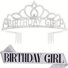 Girls Birthday Party Crown & Shoulder Strap Rhinestone Tiara Princess Set