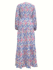 Paisley Print V Neck Dress Boho Long Sleeve High Waist Pleated Maxi Dress