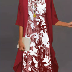 Plus Solid 3/4 Sleeve Cardigan & Floral Print Dress Outfit Set