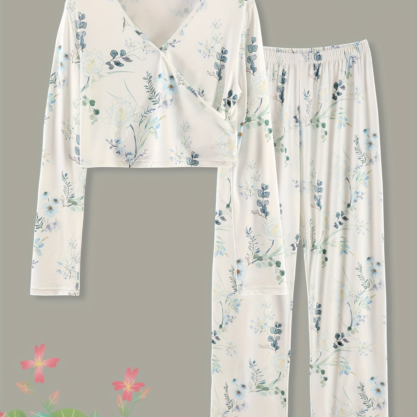 Floral Print Lounge Set Surplice Neck Top & Elastic Waist Pants