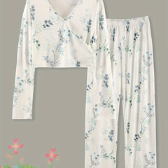 Floral Print Lounge Set Surplice Neck Top & Elastic Waist Pants