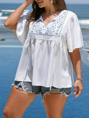 Leaf Print Cut Out Tie Front Blouse