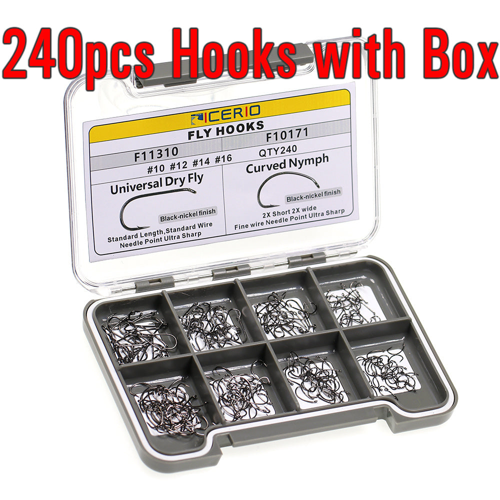 240pcs Fly Tying Hooks for Dry Wet Nymph Shrimp Barbed Curved Size 10 to 16