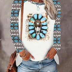 Bull Skull Print Sweatshirt Crew Neck Long Sleeve Casual Women's Clothing
