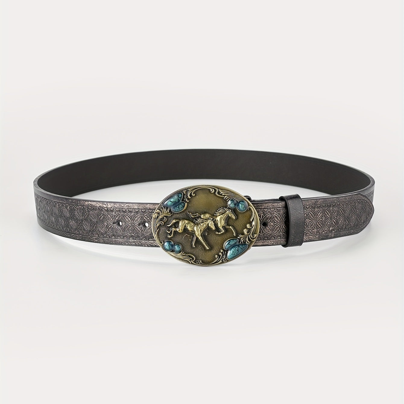 Men's Running Horse Belt PU Leather Floral Casual Jeans Western Cowboy Waist