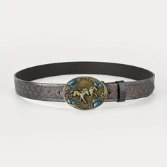 Men's Running Horse Belt PU Leather Floral Casual Jeans Western Cowboy Waist