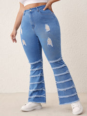 Casual Ripped Flare Jeans High Rise Button Fly Fringe Trim