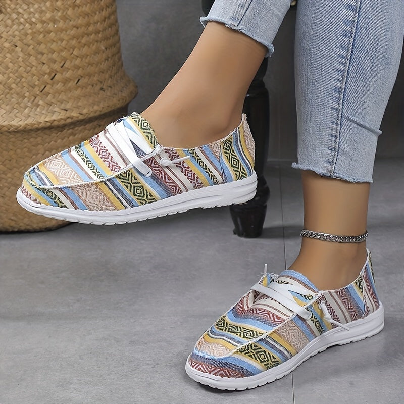 Striped Canvas Lace Up Sneakers Lightweight Comfy Daily Shoes