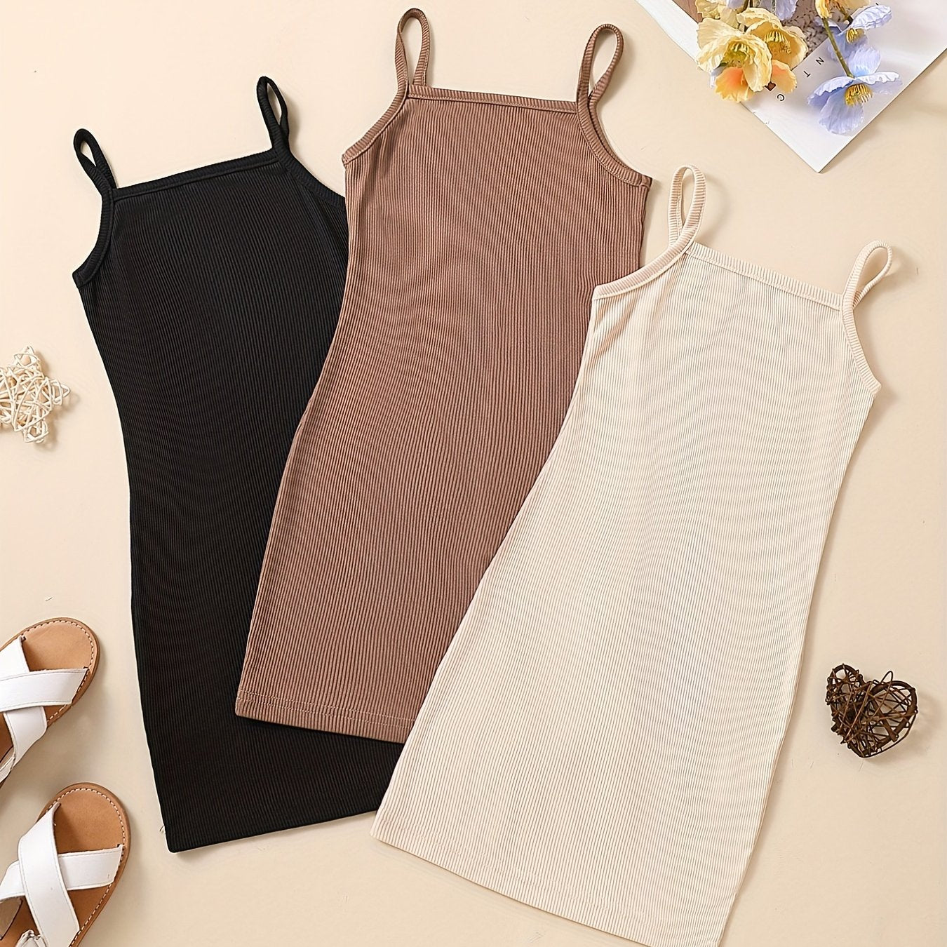 3pcs Toddler Girls Ribbed Cami Dress Party Summer Clothes