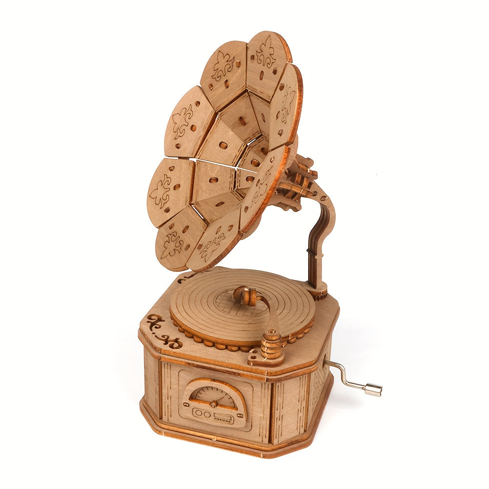3D Wooden Puzzle Phonograph Music Box DIY Toy Desktop Decoration Or...