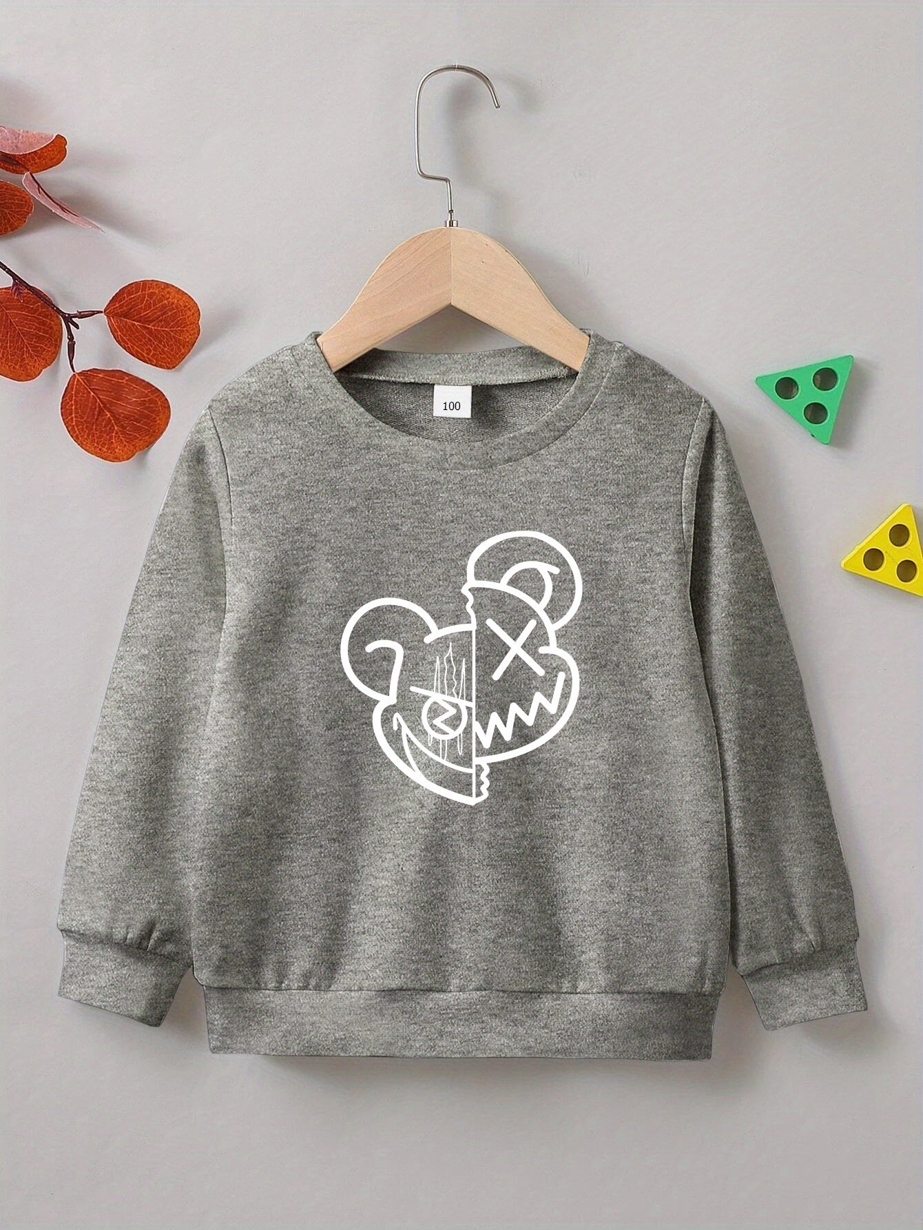 Cartoon Bear Print Boys Pullover Sweatshirt Long Sleeve Crew Neck Tops