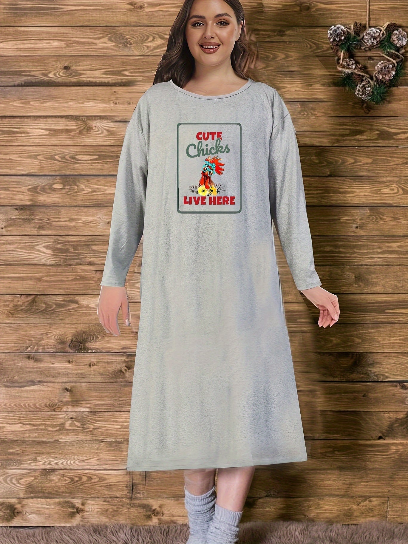 Chick & Letter Print Long Sleeve Nightdress