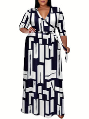 Plus Size Casual Geometric Print Maxi Dress with Belt