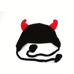 Funny Horn Cross Knit Hat Unisex Bull Horn Crochet Beanie Cap