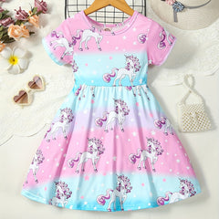 Girls Unicorn Dress Gradient A-line Short Sleeve T-Shirt Dress