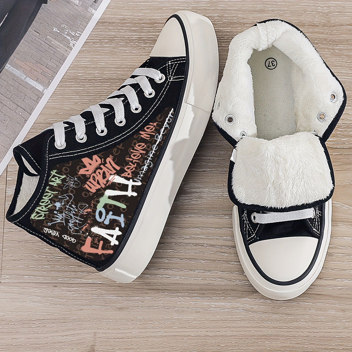 Faith Graffiti Print Plush Lined Chunky Canvas Sneakers