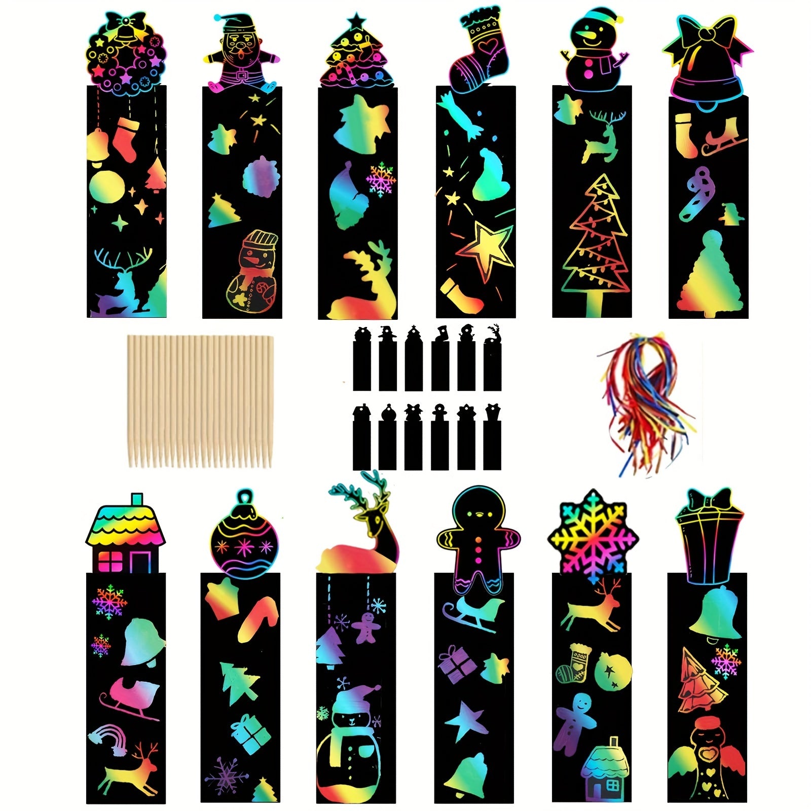 48pcs Christmas Scratch Painting Kit with Wooden Pen and Ribbon Bookmarks