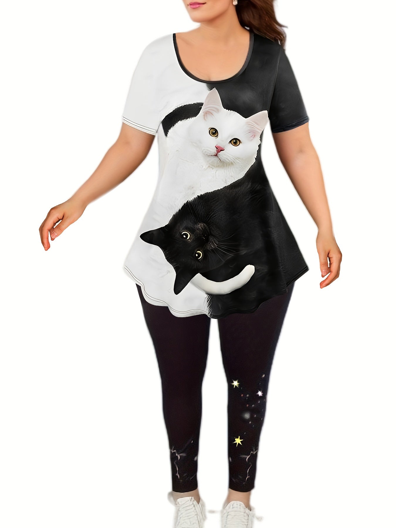Women's Plus Cat Print Tee & Leggings Set
