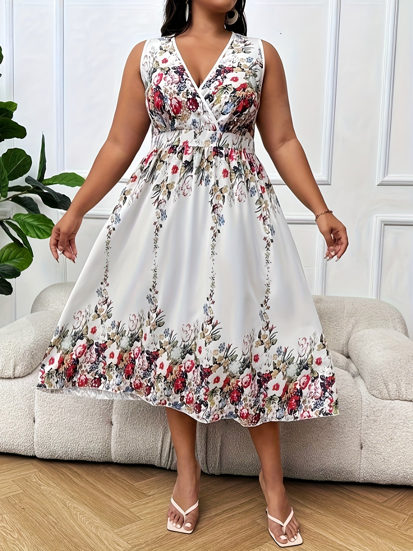 Plus Floral Print Surplice Neck Midi Tank Dress