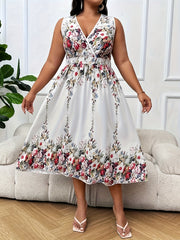 Plus Floral Print Surplice Neck Midi Tank Dress