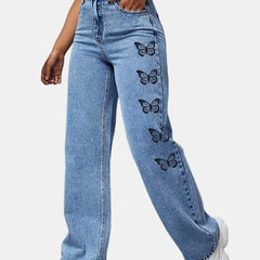 Butterfly Print High Waist Straight Leg Jeans Y2k Street Style Denim Pants