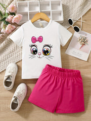 2pcs Girls Cartoon Kitten Short Sleeve Tee Elastic Waist Shorts Set