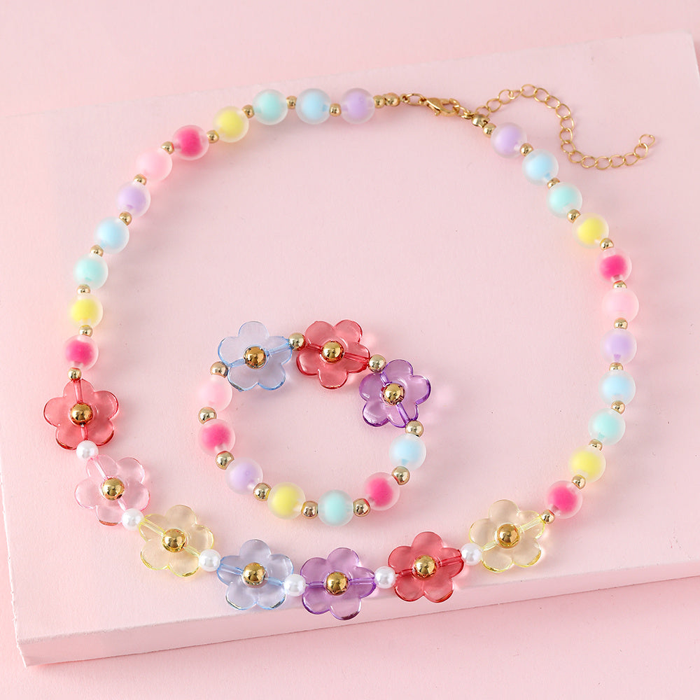 Kids Colorful Floral Beaded Bracelet Necklace Set