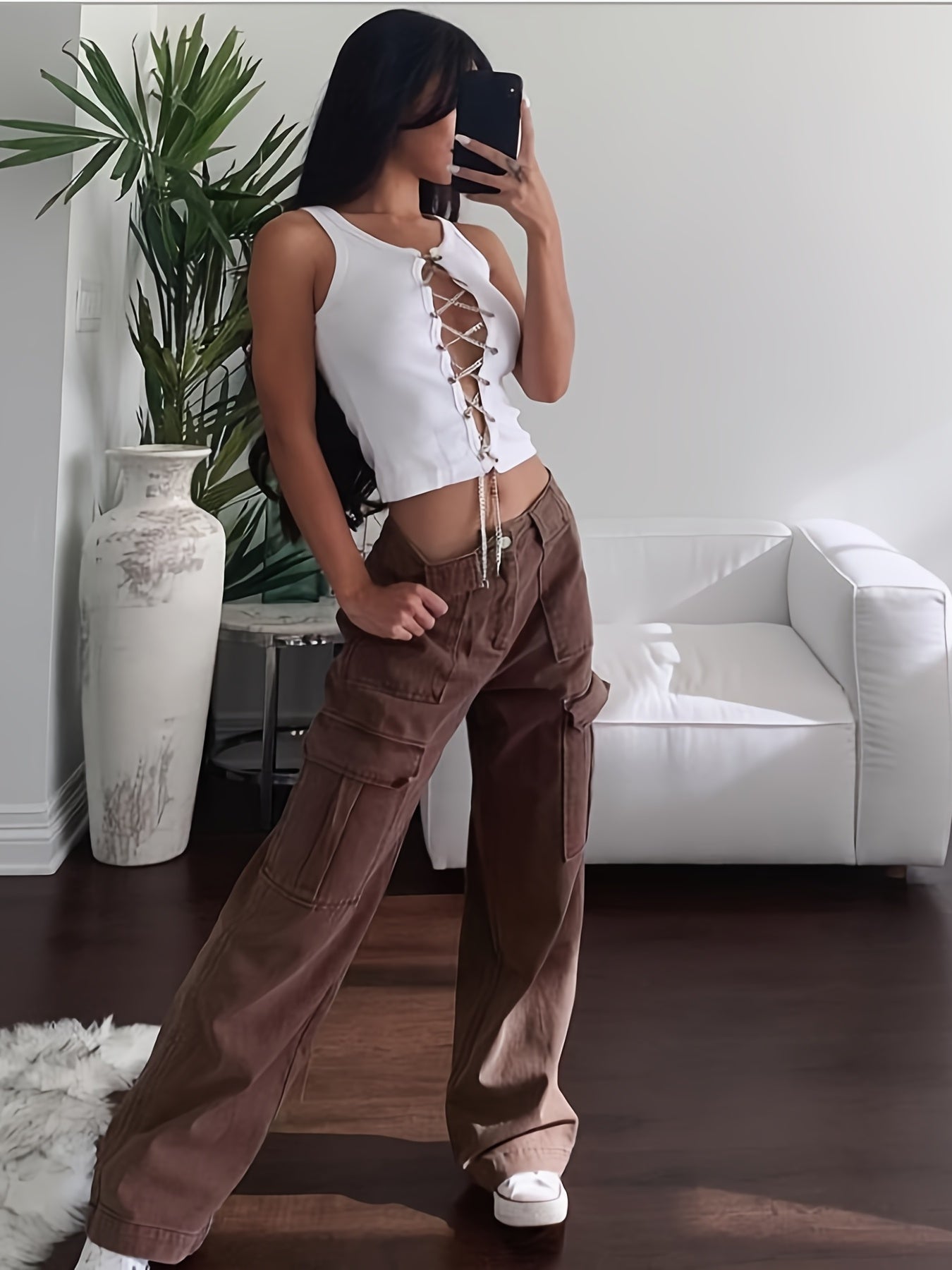 High Waist Flap Pockets Straight Leg Jeans Brown Slash Pockets Cargo Pants
