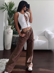 High Waist Flap Pockets Straight Leg Jeans Brown Slash Pockets Cargo Pants