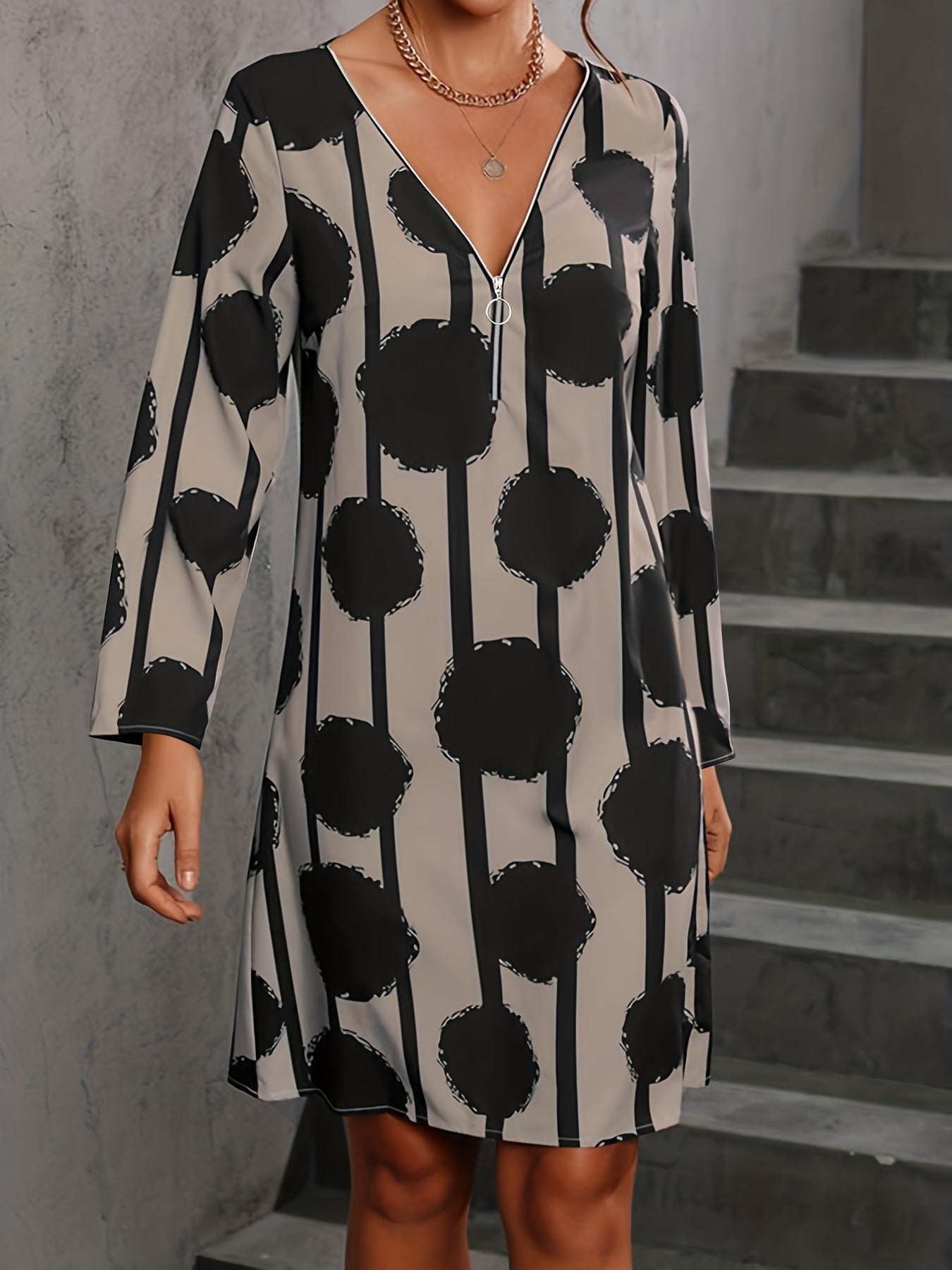 Abstract Print Zipper Dress Long Sleeve Casual Dress